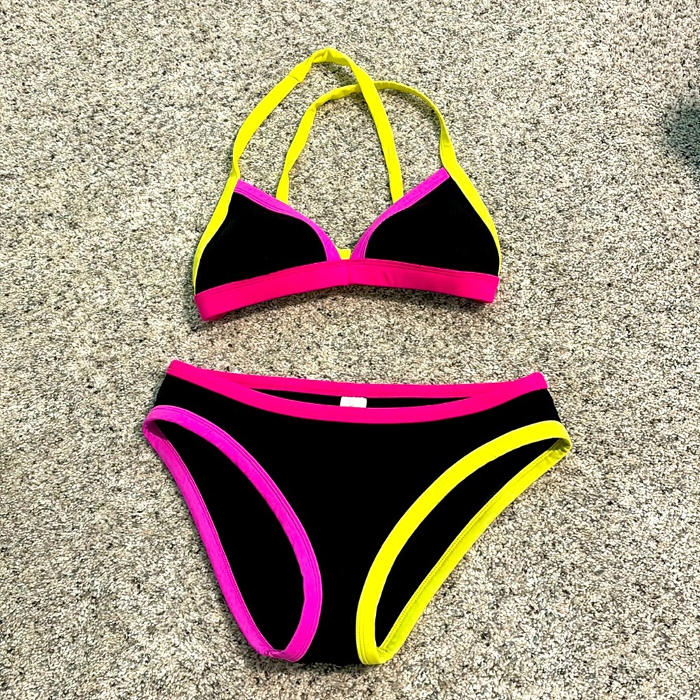 Salt + Cove neon bikini swimsuit to bottom pink yellow black 80s party